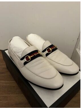 Gucci White Leather Loafers with Red & Blue Web Strap